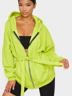 Lime Oversized Longline Zip Belted Hoodie Jacket