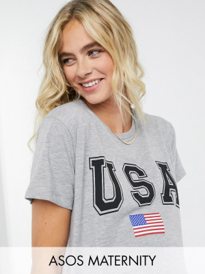 Asos Design Maternity T-shirt With Usa In Gray Marl