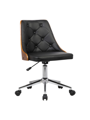 Diamond Mid-century Office Chair In Chrome Finish With Tufted Black Faux Leather And Walnut Veneer Back - Armen Living