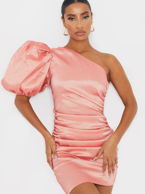 Peach Taffeta One Shoulder Balloon Sleeve...