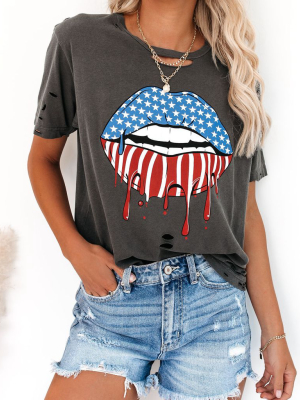Red, White + Blue Lips Distressed Cotton Tee