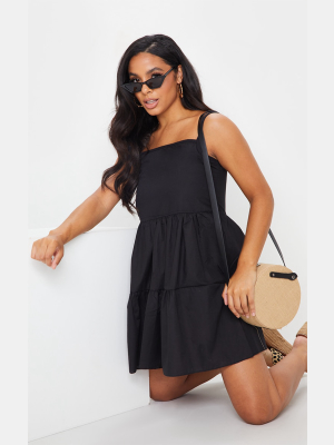 Black Cotton Poplin Tiered Strappy Smock Dress