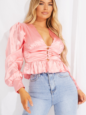 Rose Satin Ruched Button Waist Blouse