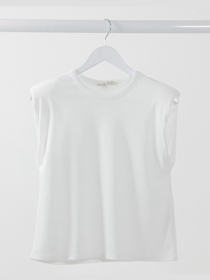 Miss Selfridge Ribbed Shoulder Pad T-shirt In White