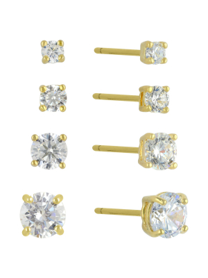 Cubic Zirconia Round Stud Earrings With 14k Gold Plating In Sterling Silver Earring Set 4pc - Gold