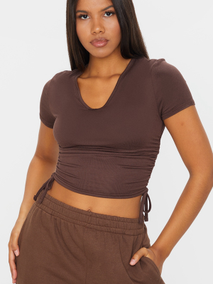 Chocolate Jersey V Neck Ruched Side T Shirt