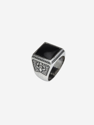 Sterling Silver Textured Signet Ring With Black Onyx Stone