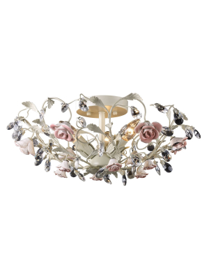 Heritage 3-light Semi Flush In Cream With Porcelain Roses And Crystal