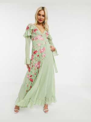 Asos Design Long Sleeve Maxi Wrap Dress With Floral Embroidery In Sage Green