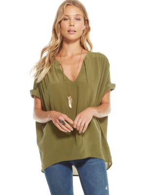 Silk Basics Shirred Tie Front Hi Lo Dolman