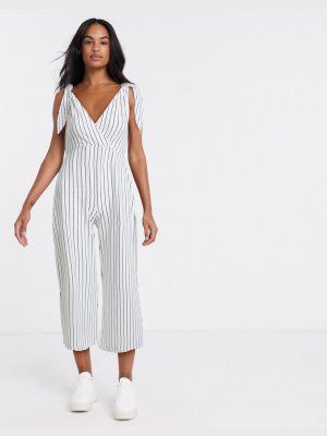 Asos Design Tie Strap Chuck On Jumpsuit In White Stripe Print