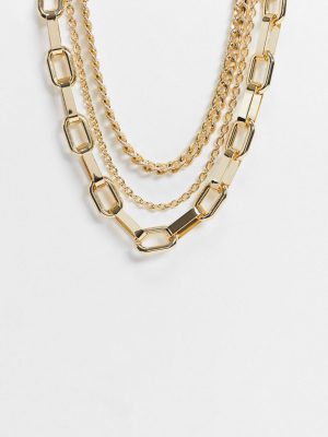 Asos Design Multirow Necklace With Mixed Heavy Chains In Gold Tone