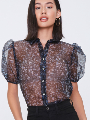 Sheer Floral Print Puff Sleeve Shirt