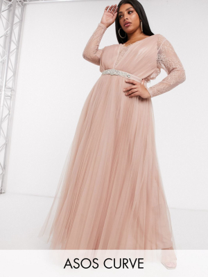 Asos Design Curve Lace Sleeve Tulle Maxi Dress With Embellished Trim In Dusty Pink