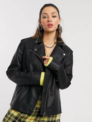 Noisy May Oversized Leather Look Jacket In Black