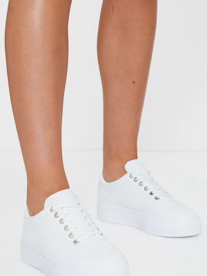 White Croc Lace Up Flatform Sneakers