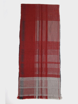 Kobo Oriza Multi-pattern Weave Brick Red Plaid Scarf