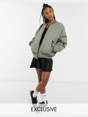 Collusion Unisex Ma1 Bomber Jacket With Ruched Sleeve Detail In Khaki
