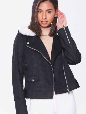 Faux Suede & Faux Fur Collar Moto Jacket