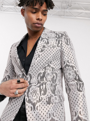 Twisted Tailor Blazer With Lace Print In Champagne