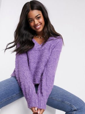 Pieces Fluffy Sweater With V Neck In Purple