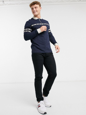 Asos Design Co-ord Long Sleeve Polo Shirt With Zip Neck And Taping In Navy