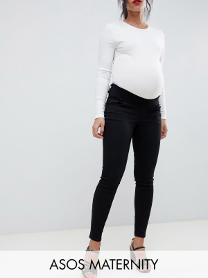 Asos Design Maternity High Rise Ridley 'skinny' Jeans In Clean Black With Under The Bump Waistband