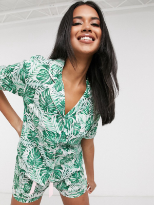 New Look Tropical Palm Pajama Set In Green