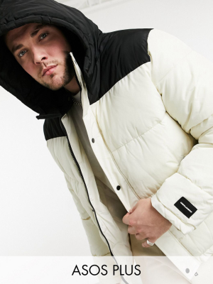 Asos Plus Unrvlld Supply Puffer Jacket With Color Block Panel In Ecru