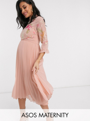 Asos Design Maternity Embroidered Pleated Midi Dress With Fluted Sleeve In Dusky Pink