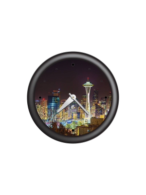 14" X 1.8" Seattle Skyline Quartz Movement Decorative Wall Clock Black Frame - By Chicago Lighthouse