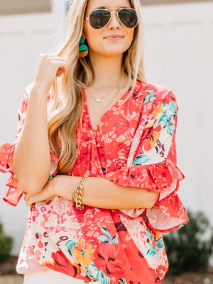 Be So Bold Coral Red Mixed Print Top