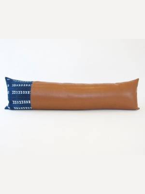 Mixed: Indigo Mud Cloth/ Faux Leather Extra Long Lumbar Pillow - 14x50 (only 1 Available)