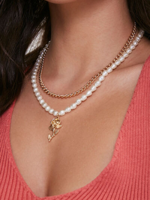 Rose Pendant Faux Pearl Necklace Set