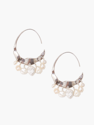 Crescent White Pearl And Silver Hoop Earrings