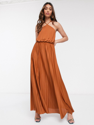 Asos Design Halter Neck Pleated Maxi Dress In Rust