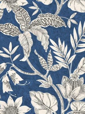 Rainforest Leaves Wallpaper In Sapphire And Brushed Ebony From The Boho Rhapsody Collection By Seabrook Wallcoverings