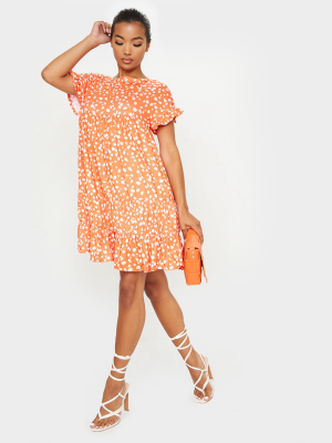 Orange Dalmatian Print Frill Sleeve Smock Dress