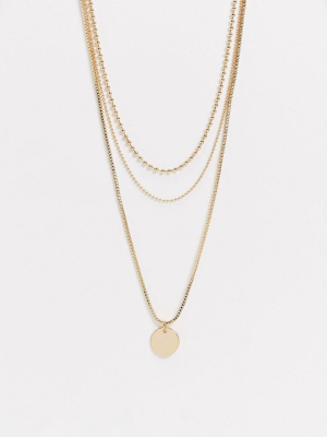 Topshop Multirow Necklace In Gold With Circle Coin Pendant