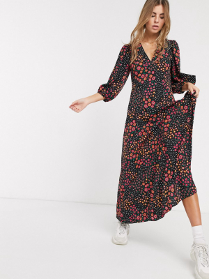 Asos Design Trapeze Maxi Dress With Puff Sleeve In Mixed Daisy Print