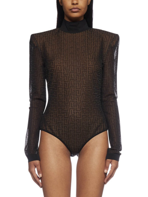 Balmain Logo Monogram Print Bodysuit Top