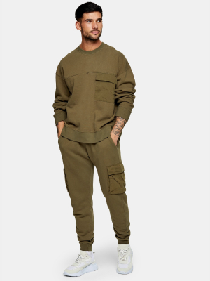 Khaki Cargo Sweatshirt And Sweatpants Tracksuit