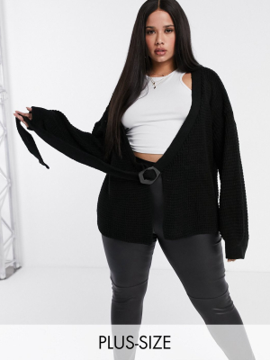 Missguided Plus Balloon Sleeve Cardigan With Buckle In Black