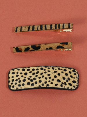 Set Of 3 Rectangular Animal Print Leather Hair Clips