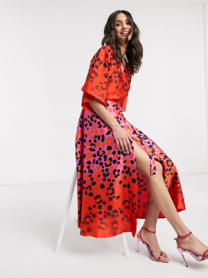 Liquorish Ombre Leopard Print Wrap Midaxi Dress In Hot Pink And Red