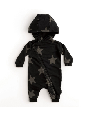 Nununu Asymmetrical Zip Star Hooded Overall - Black