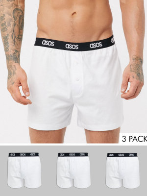 Asos Design 3 Pack Jersey Boxers In White With Branded Waistband Saving