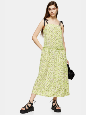 Lime Green Floral Drop Waist Midi Dress