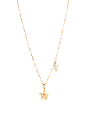 14k Gold Star With Initial And Pave Lighting Bolt Charm Necklace