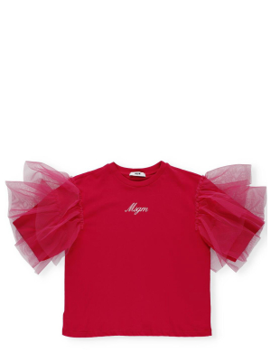 Msgm Kids Logo Printed Tulle Sleeve T-shirt